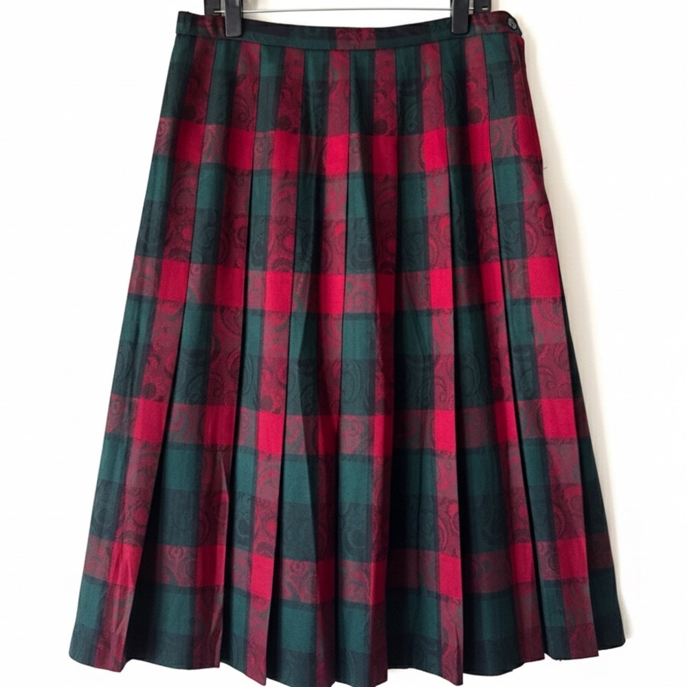 Pendleton Vintage 90s Wool Jacquard Damask Plaid Pleated Skirt Red Green Sz 16